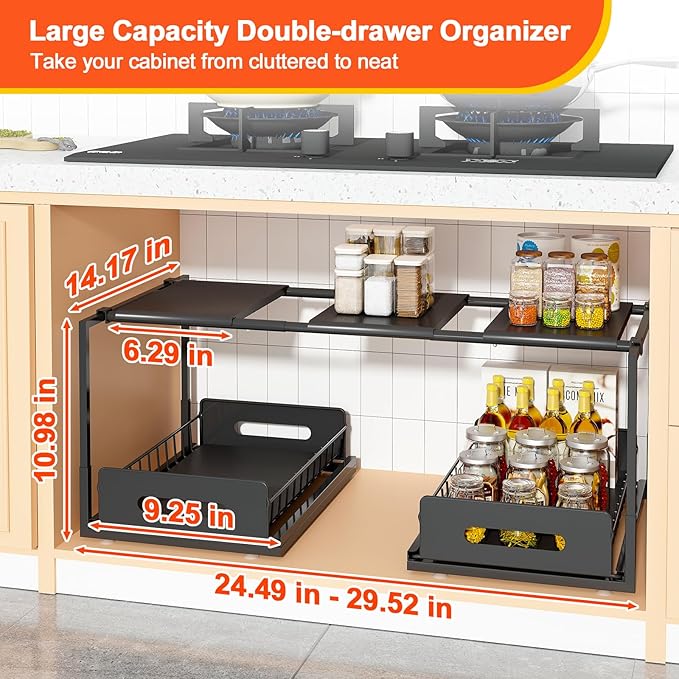 REALINN Extendable Under Sink Organizer, 2 Tier Pull Out Under Cabinet Organizer Shelf, Black Expandable Storage