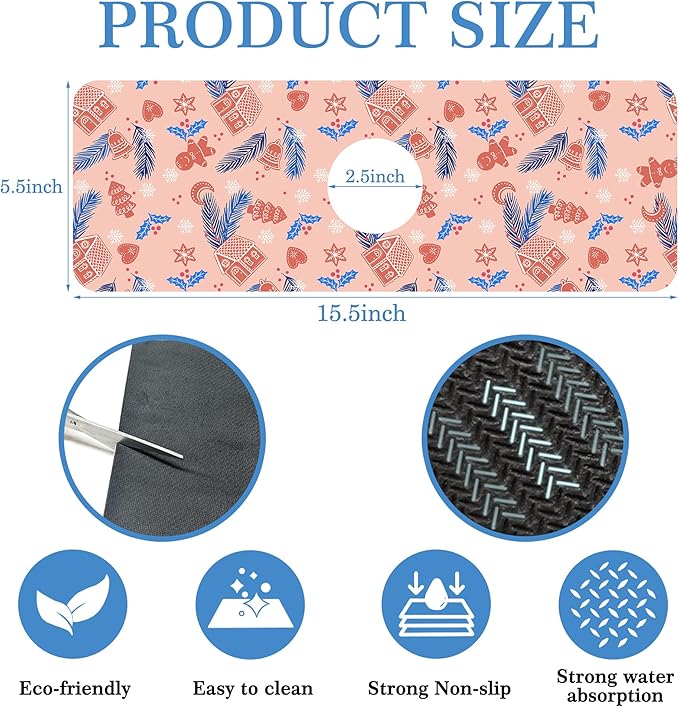 Faucet Mat Splash Guard Christmas Gingerbread Man Feather Bell, Soft Diatom Mud Material, Strong Water Absorption, Non-slip,Easy to Clean for Bathroom, Kitchen 15"X5.5"