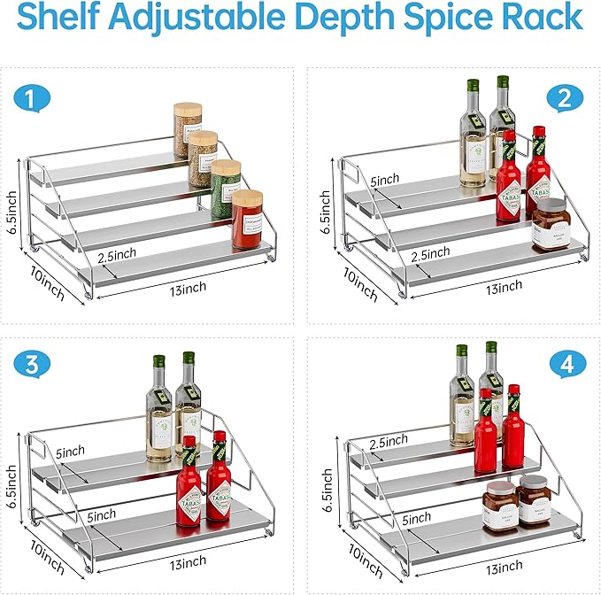 BOIVSHI Heavy Duty Spice Rack for Cabinet, Space Saving 4 Tier Spice Organization for Cabinet, Adjustable Depth Spice Shelf for Cabinet, Counter, Pantry - Chrome, 2 Pack