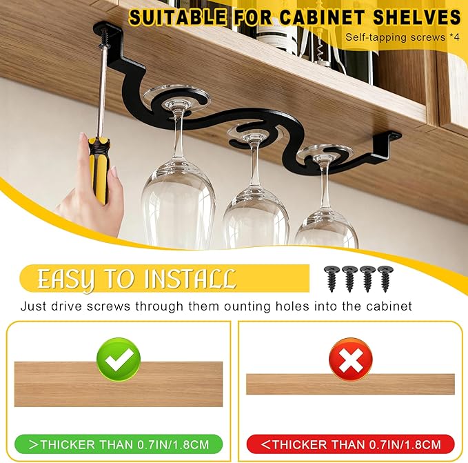 Under Cabinet Wine Glass Rack/Stemware Holder, 15.35 inch Glass Storage Hanger Organizer, for Kitchen and Bar, 2 Pack (Black)