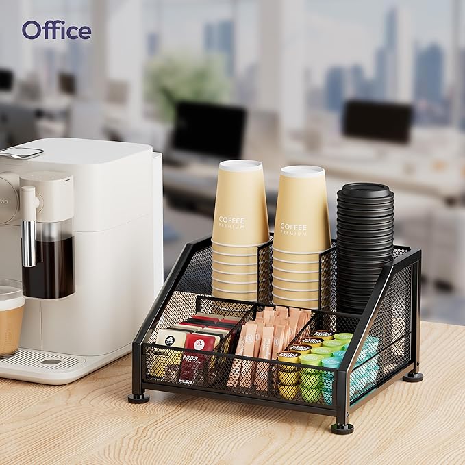 SWTYMIKI Coffee Bar Organizer for Countertop – Space-Saving Kcup Organizer with Tiered Shelves, Countertop Coffee Station for Pods, Sugar, Syrup, Cups, Stirrers, Mesh Condiment Storage