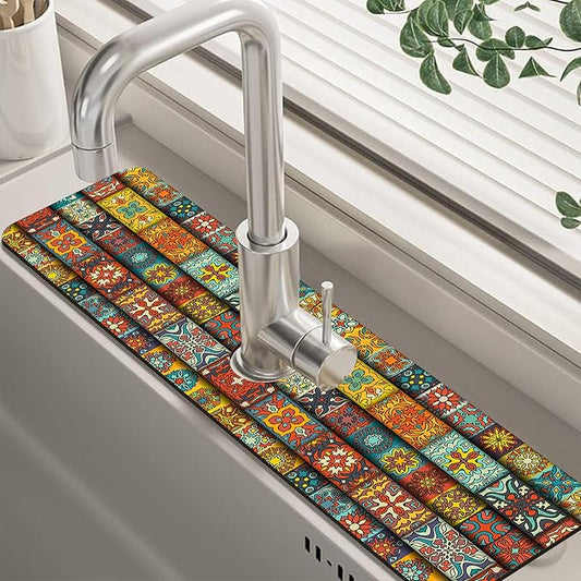 Vintage Mandala Floral Dish Drying Mat for Kitchen Sink Splash Guard Behind Faucet Sink Mat Absorbent Fast Drying Faucet Draining Mat for Bathroom Kitchen 5.5"×24"