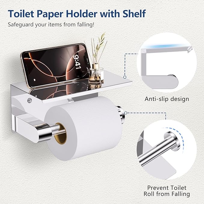 TQKAG 5 Piece Bathroom Towel Bar Holder Sets Polished Chrome Bathroom Hardware Set Stainless Steel Toilet Paper Holder with Shelf Bathroom Accessories Kit Wall Mounted