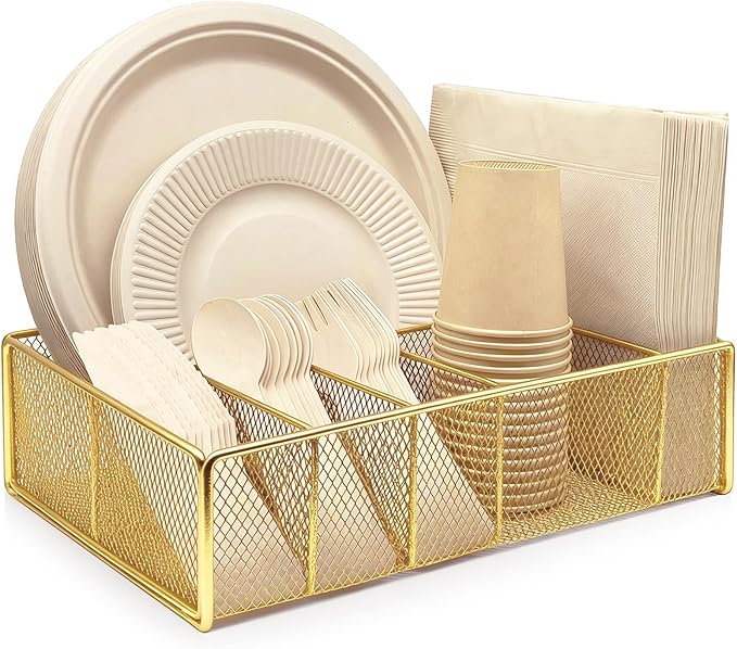 Metal Paper Plate Holder - Utensil Silverware Caddy for Kitchen Counter Cabinet Cutlery Flatware Organizer Storage Dispenser for Plastic Spoon Fork Plates Napkins Cup Party Camping Gold