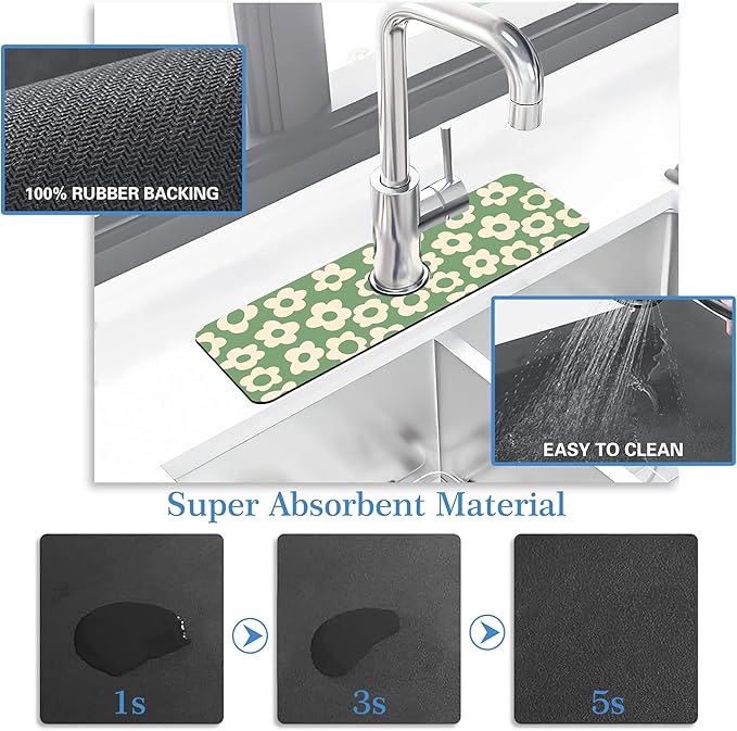 Faucet Mat Splash Guard Groovy Flower Silhouette, Soft Diatom Mud Material, Strong Water Absorption, Non-slip,Easy to Clean for Bathroom, Kitchen 15"X5.5"
