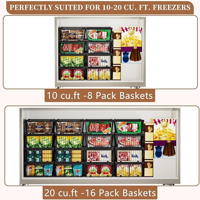 Large Freezer Organizer Bins，Upgraded Bottom Leak-Proof net，2 Pack， Expandable Stackable Chest Freezer Containers with Handle，for Fridge, Deep Freezer, Cabinet, Kitchen, Pantry (Black-6Pack)