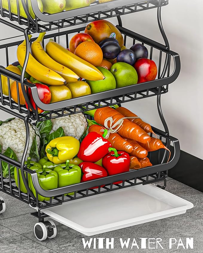 MURRI&MURRDI Fruit Vegetable Storage Baskets with Wheels, 6 Tier Stackable Wire Storage Baskets, Tall Standing Produce Kitchen Rack, Narrow Rolling Cart for Pantry Snack Onion Potato, Black