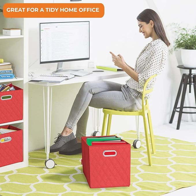 FH Group JIAessentials 13" Faux Leather Foldable Storage Cube Bins Set of 2 – Red Diamond Patterned Organizers with Handles for Closet & Shelves