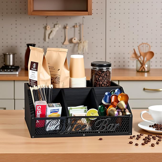 Coffee Station Organizer for Countertop, Wood Coffee Bar Organizer, Coffee Pods Holder Storage Box, Rustic Bar Accessories for Decor, Syrup and Tea Condiment (Black)