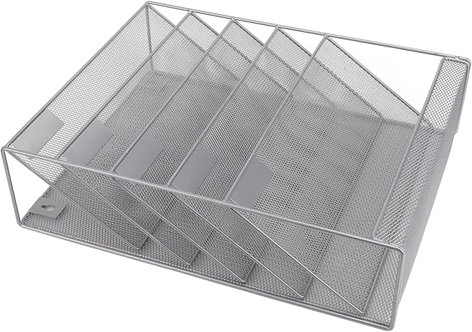 5 Tier Wall File Organizer with Hooks, Wall Mounted File Holder, Vertical Placement Iron Mesh Storage Rack with Label Panels, Easy Installation for Office Home Silver