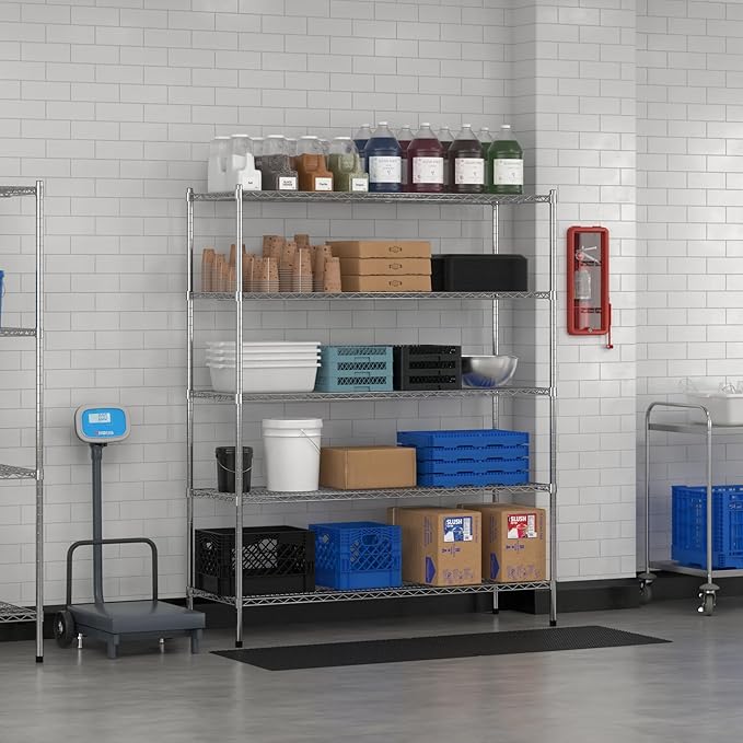 Commercial NSF Listed Chrome Stationary Wire Shelving Kit 21" x 60" x 74", with 5 Shelves Perfect for Warehouse, Walk-in Refrigerator, Freezer, Grocery Store, Restaurant, Dishroom