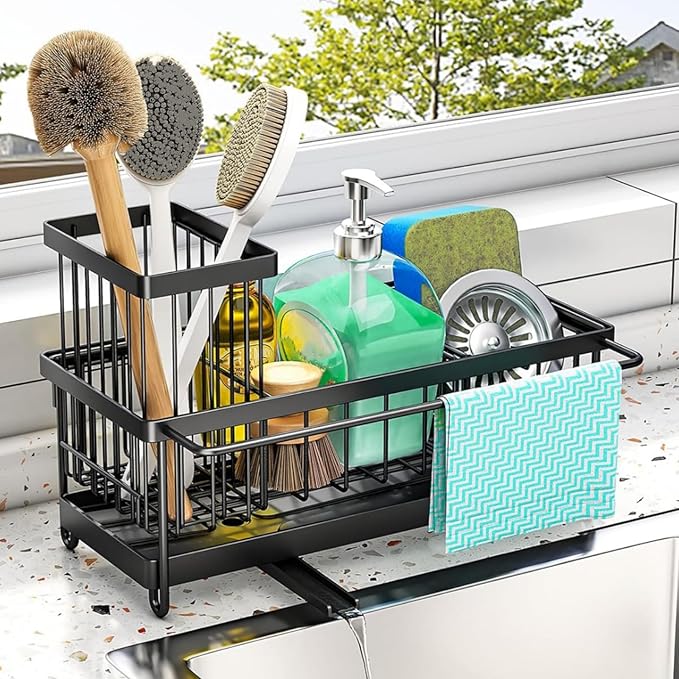 Sponge Holder for Kitchen Sink - Sink Caddy with Self Drain Tray, Stainless Steel Kitchen Sink Organizer for Dishcloth Soap Dispenser Storage