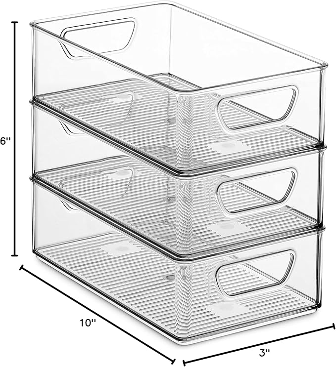 Set Of 6 Refrigerator Organizer Bins - Stackable Fridge Organizers with Cutout Handles for Freezer, Kitchen, Countertops, Cabinets - Clear Plastic Pantry Food Storage Rack