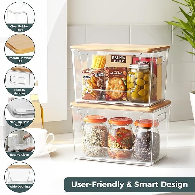 2 Set Pantry Organizers, Storage,Bamboo Lids with Removable Drain Trays, Stackable Clear Bins for Potato, Onion, Vegetables, Fruit, Trash Bag Dispenser, Under Sink Organizer for 4-13 Gal Bags