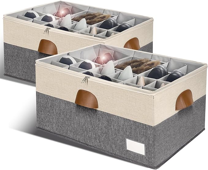 RONCHIL Shoe Organizer for Closet, Foldable Shoe Storage Bins with Clear Cover, Space Saving Shoes Holder with 4 Handles, Large Adjustable Shoe Box Storage Containers, Fits 12-24 Pairs, 2 Pack, Beige
