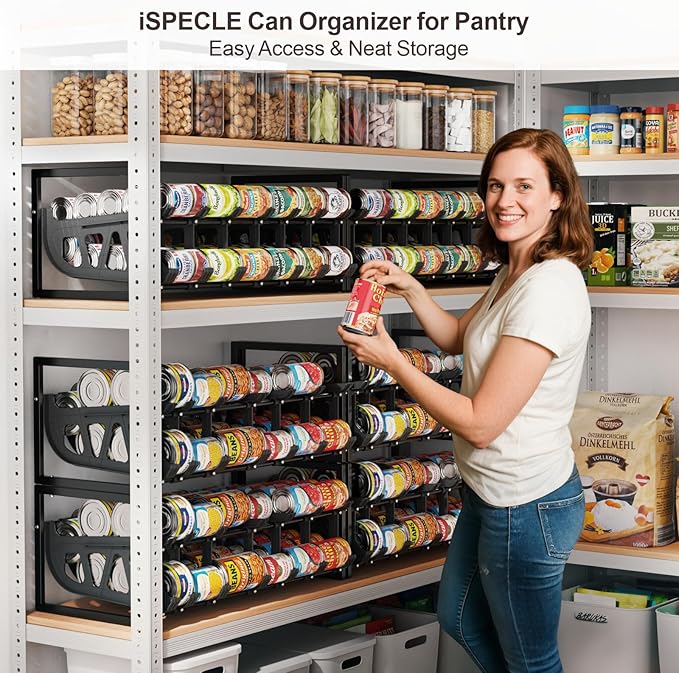 iSPECLE Can Organizer for Pantry with Adjustable Dividers, Fit Various Food Cans Sizes, Hold 60 Cans Auto Rolling Easy Access, Extendable Can Storage Organizer Better Fit Pantry Shelf Space, Black