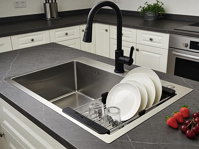 Over The Sink Dish Drying Rack Black, Stainless Steel Drainer Drying Basket for Kitchen Sink Retractable Sink Dish Drying Rack Expandable Organizer for Dishes, Vegetables, and Fruit