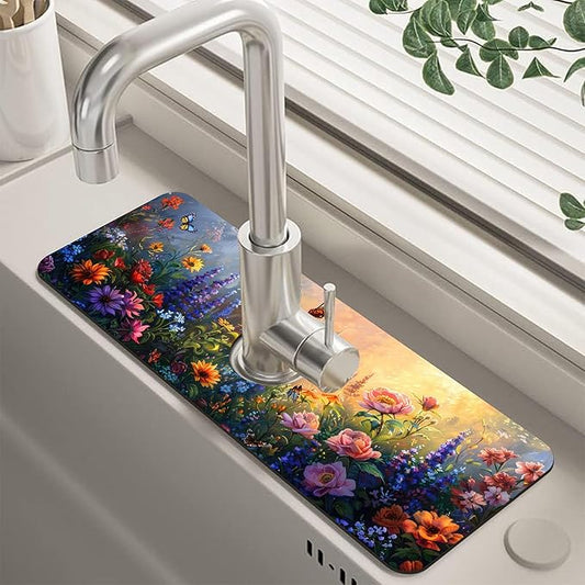 Kitchen Sink Splash Flowers Bees in the Garden Guard Faucet Mat Super Absorbent Fast Drying Mat Guard Behind Faucet Drip Catcher for Kitchen Bathroom, 15.5"X5.5"