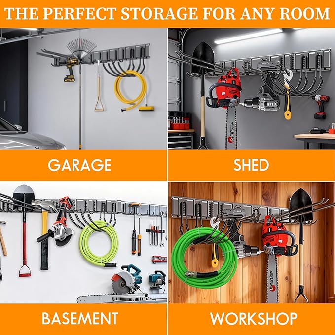 Garage Tool Organizer Wall Mount, 48 inch Garage Wall Organizer, 480lbs Sturdy Garden Tool Organizer with 6 Adjustable Hooks, for Yard, Shed, Basement, Workshop(Black)