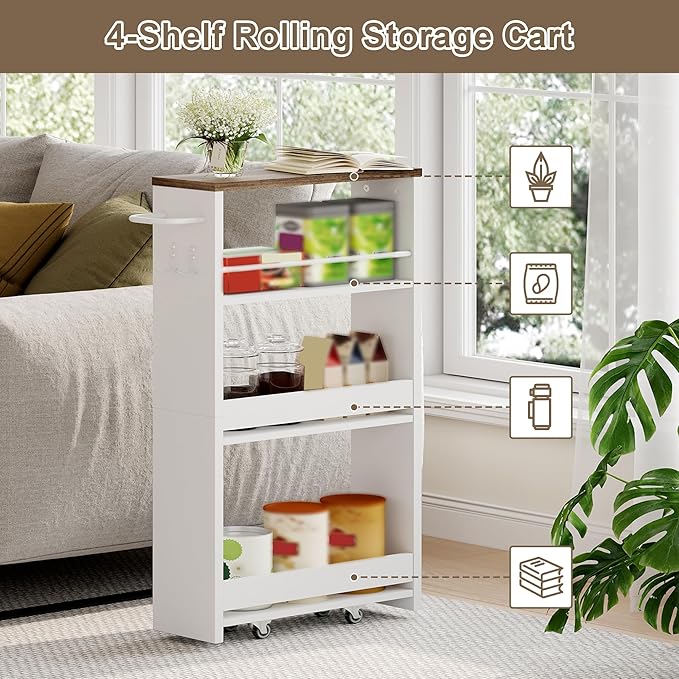ChooChoo 4-Tier Slim Storage Cart, 5.5 inches Wide Narrow Storage Cabinet with 360° Wheels and 2 Hooks, Laundry Room Storage Organizer for Kitchen, Narrow Places, Walnut+White