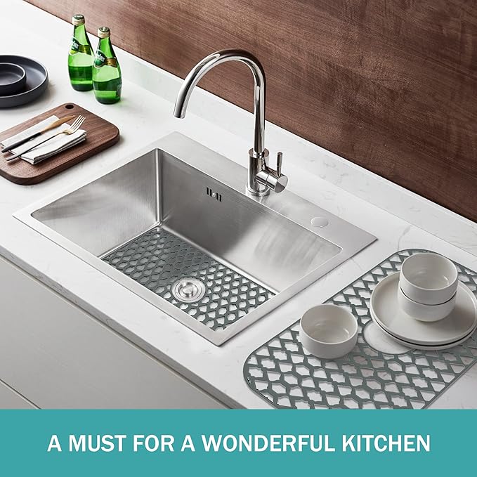 SAMSIER Sink Protectors for Kitchen Sink 13x11 &16x12 &19x13 &19x14 &21x16 &22x13 &24x13 &26x14 &28x14 &30x14 &30x16, Farmhouse Silicone Mats Grid for Bottom (26”x14”, Center Drain)