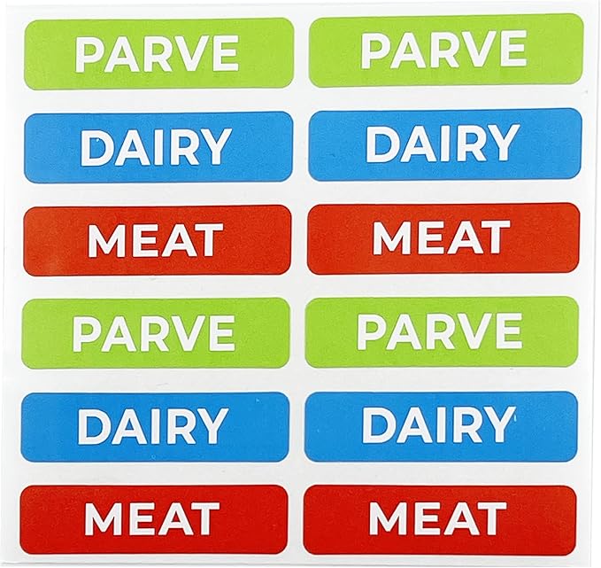 Kosher Sticker Labels, (24 Pack) 8 Blue Dairy, 8 Red Meat, 8 Green Parve Stickers, Ovenproof up to 500°, Freezable, Microwavable, Dishwasher Safe, English, Color Coded Kitchen Tools (Rectangle)