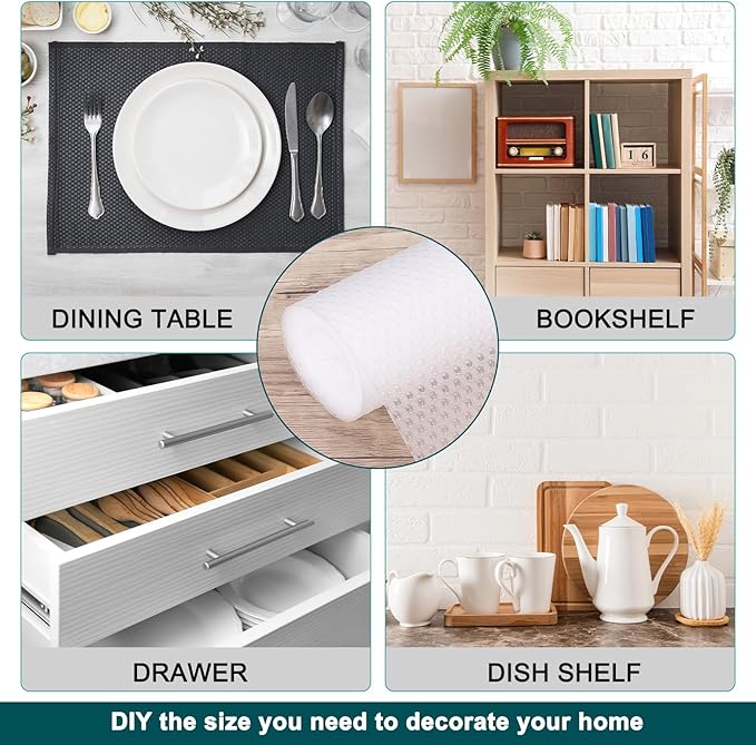 HARFINGTON Shelf Liner 12" x 16ft EVA Non-Slip Drawer Mats Waterproof Circular Mesh Texture Liner for Kitchen Cabinets Cupboard Refrigerator Shelves, Clear