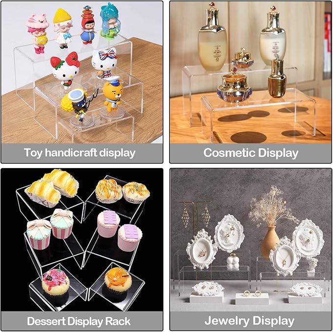 MerryNine Acrylic Risers Display Stand, 6 Pcs Clear Plastic Rectangle Stand for Cupcakes, Figures, Cosmetics, Collectibles (Large)