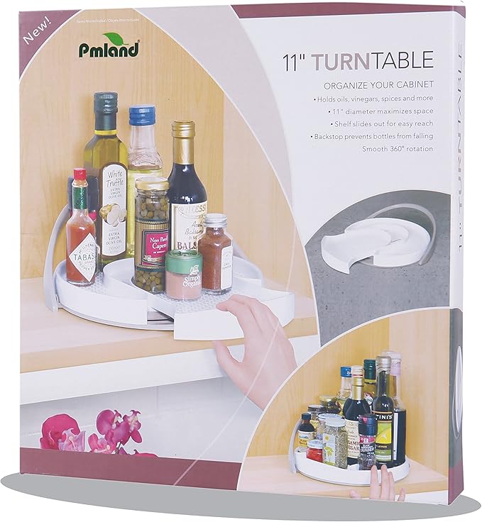 PMLAND 11 Inch Lazy Susan Turntable Spice Organizer Slide Out Shelve Kitchen Pantry, Cabinet, Countertops (White)