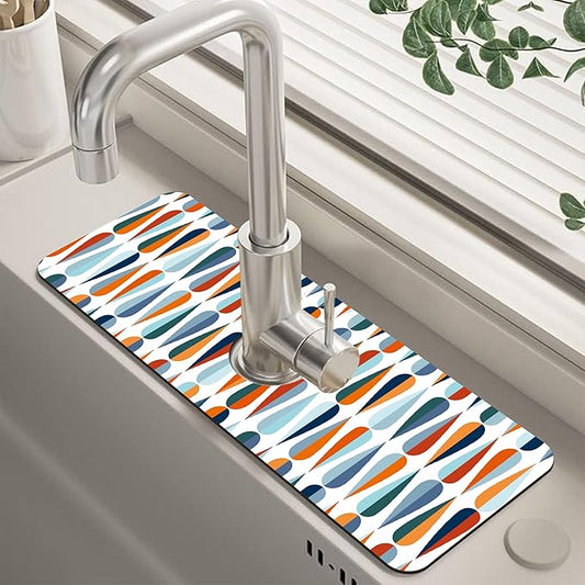 Mid-Century Drop Shapes Kitchen Sink Splash Guard Mat Absorbent Fast Drying Mat Faucet Draining Mat Sink Splash Guard Behind Faucet Drip Catcher for Kitchen Bathroom 5.5"×15"