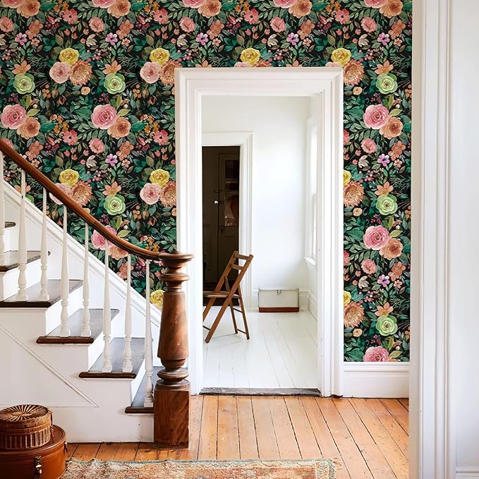 JiffDiff Dark Floral Peel and Stick Wallpaper 236.22" L x 17.7" W Black Watercolor Flower Wallpaper Wall Decor Wallcovering Wall Mural Cabinet