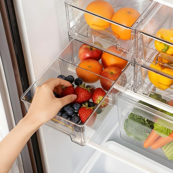 6 Pack Stackable Storage Drawers,Plastic Organizers Bins, Drawers Storage with Handles and Movable Dividers for Organization and Storage in Fridge,Bathroom, Pantry, Kitchen Cabinets, Under Sink