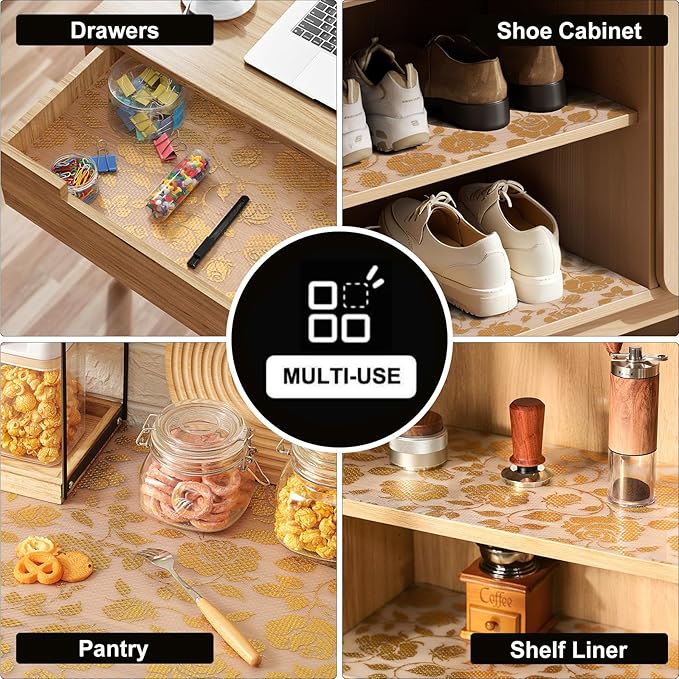 INNOLITES Shelf Liner for Cabinets, Non-Adhesive for Kitchen Drawer Liner, Waterproof Shelf Paper with Floral Pattern, Durable Easy to Clean (Golden Rose, 23.6" x 118")