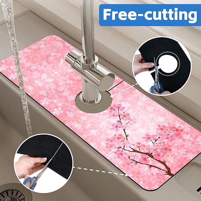 Spring Cherry Blossom Kitchen Sink Splash Guard Absorbent Fast Drying Mat Faucet Draining Guard Behind Faucet Drip Catcher for Kitchen Bathroom 5.5"15"