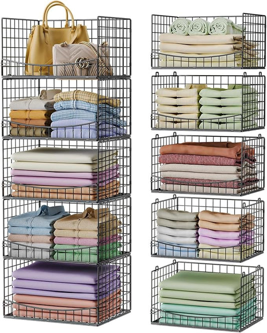 5-Tier Stackable Closet Organizers and Storage Shelves, Extend Clothing Closet Shelf Bins for Wardrobe Kitchen Office Bathroom, Clothes Organizer System-Wider Mouth Design, Black