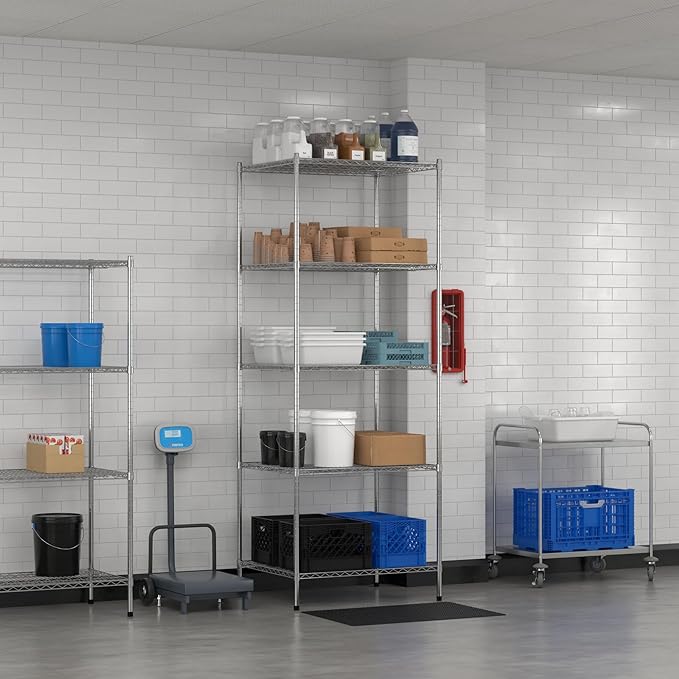 Commercial NSF Listed Chrome Stationary Wire Shelving Kit 30" x 36" x 96", with 5 Shelves Perfect for Warehouse, Walk-in Refrigerator, Freezer, Grocery Store, Restaurant, Dishroom