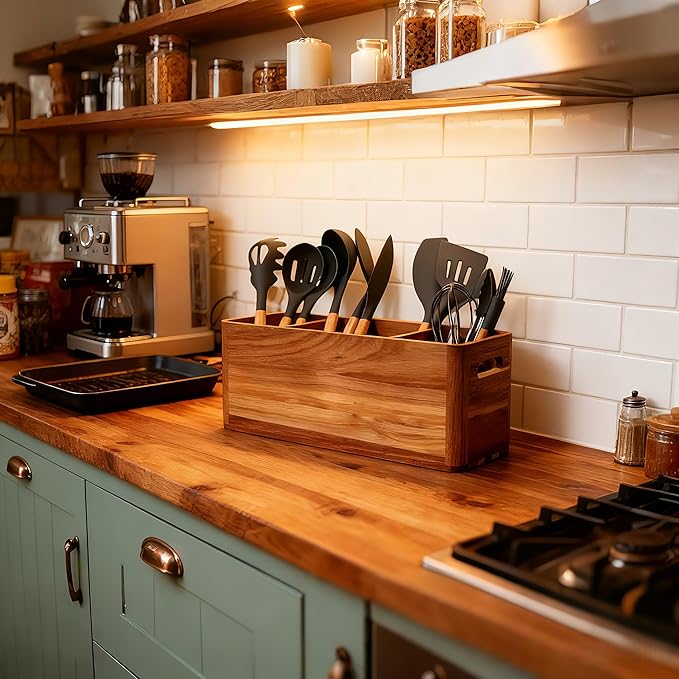 Wooden Kitchen Utensils Holder Organizer - Extra Large Wooden Utensil Holder for Counter or Countertop - Acacia Wood Container with 4 Compartments for Cooking and Silverware