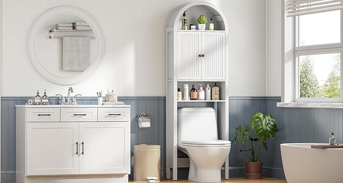 White Over The Toilet Storage Cabinet with Fluted Doors, 4 Tier Small Bathroom Shelf Organizer, Arched Bathroom Cabinet with Adjustable Shelf, Slim Narrow Toilet Rack, Wood, Anti-Tipping Device