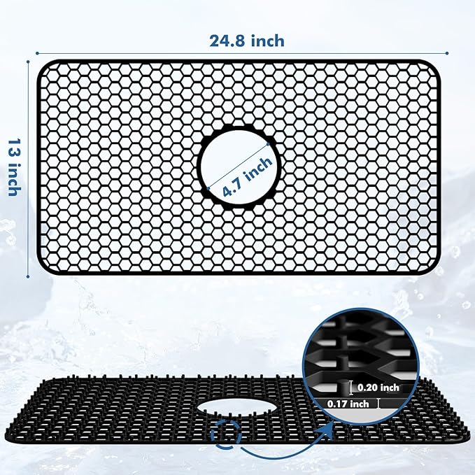 Bestjing Silicone Sink Mat - 24.8''x13'' Sink Protector for Kitchen Sink with Center Drain - Kitchen Grid Accessory, Non-slip Heat Resistant Mat for Bottom of Farmhouse Stainless Steel (Center Hole)
