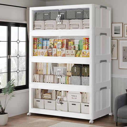 480QT Extra Large Stackable Storage Bins with Lid, 120Gal Plastic Closet Organizers and Storage Drawer, Collapsible Cabinet Box with Wheels Clear Doors for Home Kitchen Office, 4Pack White
