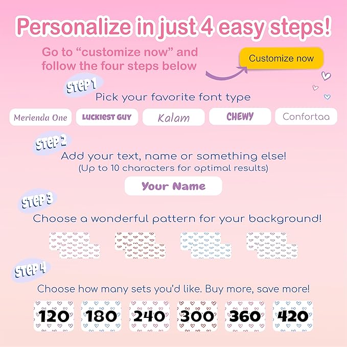 KYTRA Personalized Name Labels for Kids 120 Stickers for Daycare & School Supplies, Clothes, Toys, Lunchboxes and More - Waterproof, Laundry, Dishwasher & Microwave Safe, Made in USA (Sweetie Hearts)