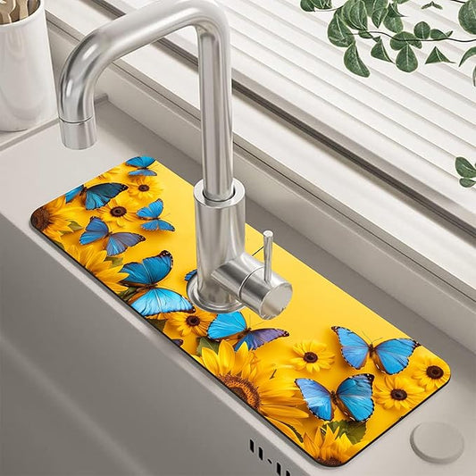 Kitchen Sink Splash Guard Faucet Mat Super Absorbent Fast Drying Mat Guard Behind Faucet Drip Catcher for Kitchen Bathroom (Sunflowers and Blue Butterflies, 23.5"X5.5")