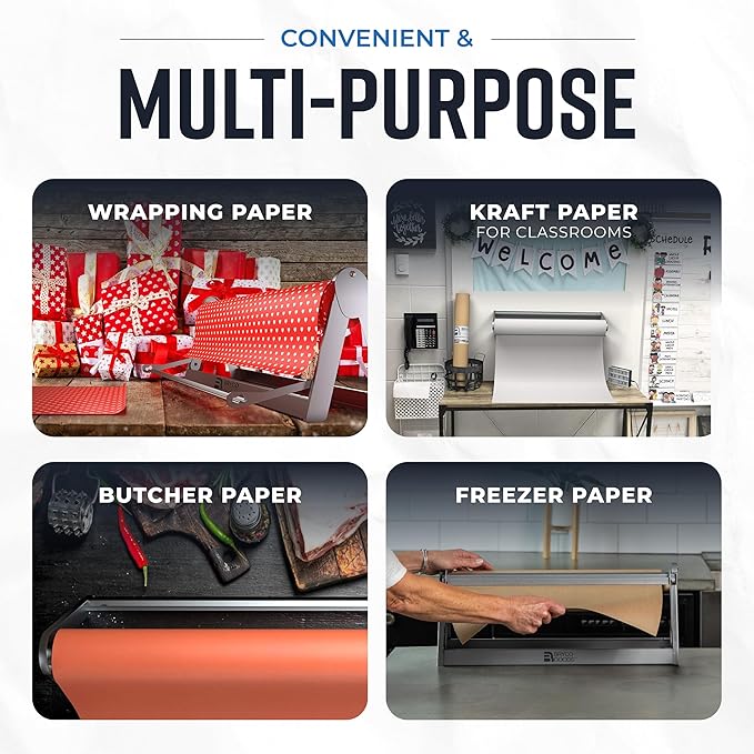 Bryco Goods - 24 Inches Roll Dispenser and Cutter Made of Heavy-Duty Steel Frame & Sharp Blade. Wall Mountable & Tabletop. Ideal for Kraft, Freezer, Packing & Butcher Paper - Up to 1000ft Rolls
