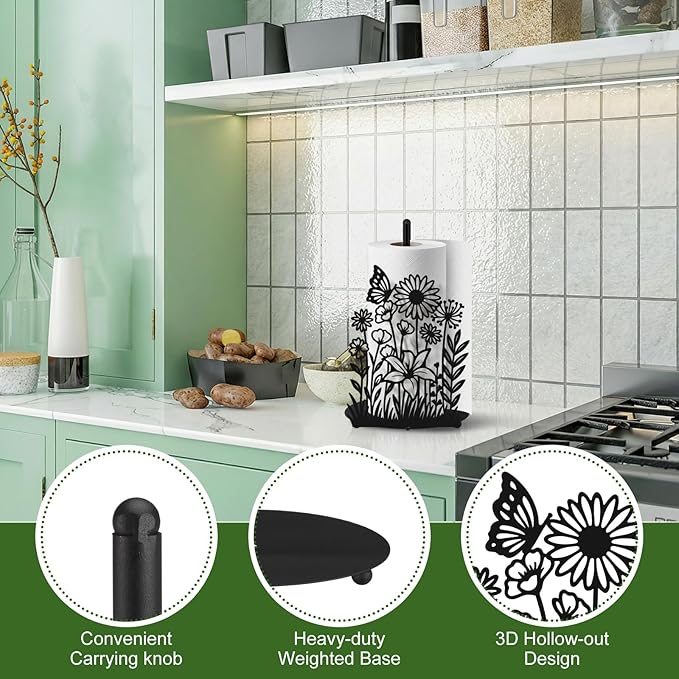 Wildflower Paper Towel Holder Black Metal Paper Towel Holder Large Decorative Tissue Stand Kitchen Decor Accessories for Home Party Bathroom Countertop Dining Table
