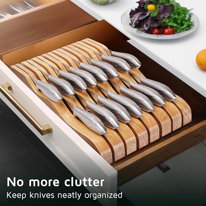 WELLSTAR Wood In-Drawer Knife Storage Block Holder - Organizer for 15 Knives, Kitchen Drawer Insert with Secure Blade-Down Storage, Durable Tray for Long & Short Knives (Knives Not Included)