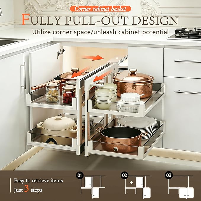 Blind Corner Cabinet Pull Out, Kitchen Corner Cabinet Organizer, 2 Tier 4 Basket Corner Optimizer, Left & Right Open Compatible, Kitchen Storage Shelf White For26.8 InteriorWidth