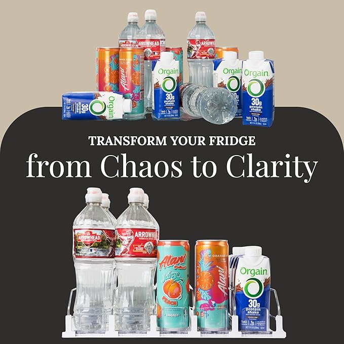 Drink Organizer for Fridge 5-Pack, Spring-Loaded Self-Advancing Can & Bottle Dispenser, Refrigerator Soda/Beer Can Organizer Rack for Water & Energy Drinks, Space-Saving, White