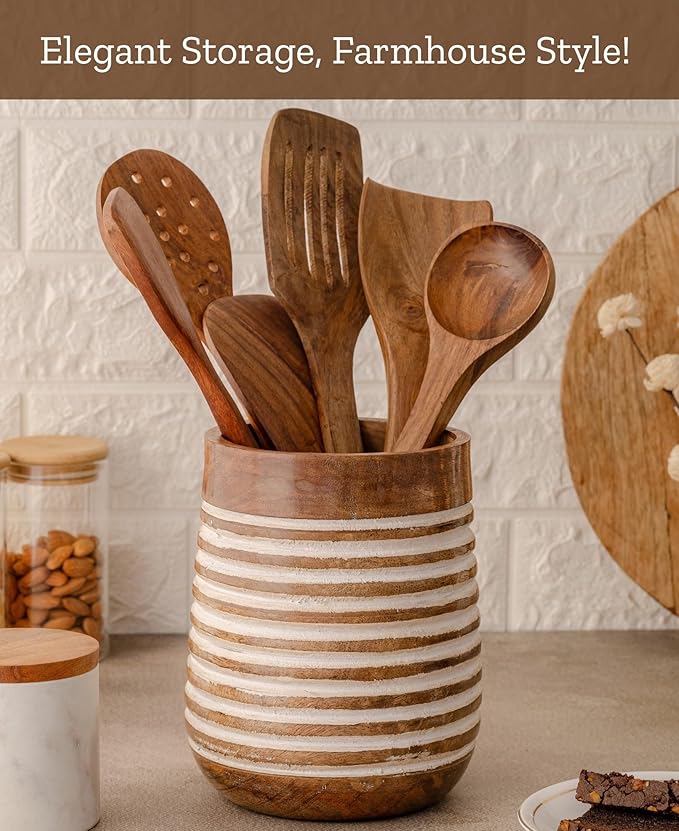 Mie Creations Boho 7'' Large Utensil Holder for Kitchen Counter | Handcrafted Wooden Utensils Crock Cooking Spatula Organizer | Gifts for Mom, Utensil Holder Caddy, Countertop Supplies- White Lining