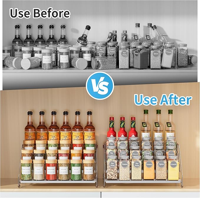 BOIVSHI Heavy Duty Spice Rack for Cabinet, Space Saving 4 Tier Spice Organization for Cabinet, Adjustable Depth Spice Shelf for Cabinet, Counter, Pantry - Chrome, 2 Pack