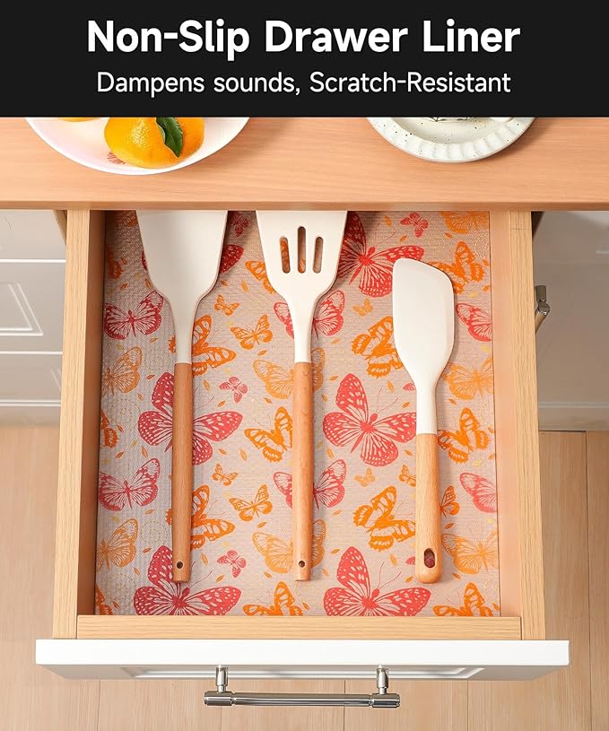 Reusable Non-Adhesive Drawer and Shelf Liner for Kitchen Cabinets - Waterproof Shelf Paper, Easy to Cut and Install - Suitable for Cabinets, Drawers, Shelves, and Desks(Red Butterfly, 23.6"W x 236"L)